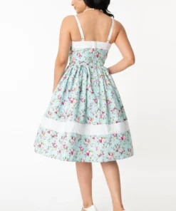 Unique Vintage Darienne Swing Dress - Blue/Pink Floral