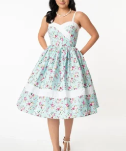 Unique Vintage Darienne Swing Dress - Blue/Pink Floral