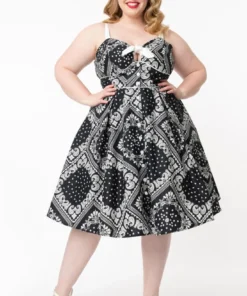 Unique Vintage Rockie Swing Dress - Black Paisley Print