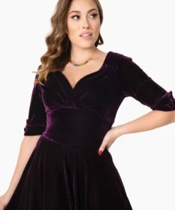 Unique Vintage Velvet Delores Swing Dress - Purple