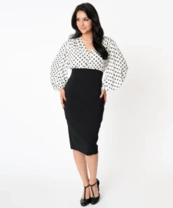 Unique Vintage Swanson Wiggle Dress - Ivory & Black Dot