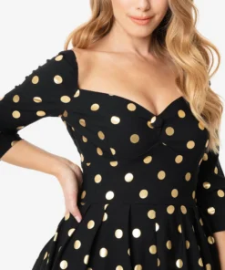 Unique Vintage Lamar Swing Dress - Black & Gold Dot