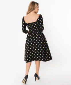 Unique Vintage Lamar Swing Dress - Black & Gold Dot