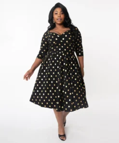 Unique Vintage Lamar Swing Dress - Black & Gold Dot
