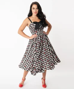 Unique Vintage Golightly Strawberry Gingham Swing Dress