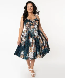 Unique Vintage Orchard Navy Floral Swing Dress