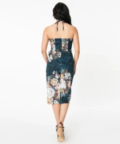 Unique Vintage Navy Floral Sarong Wiggle Dress