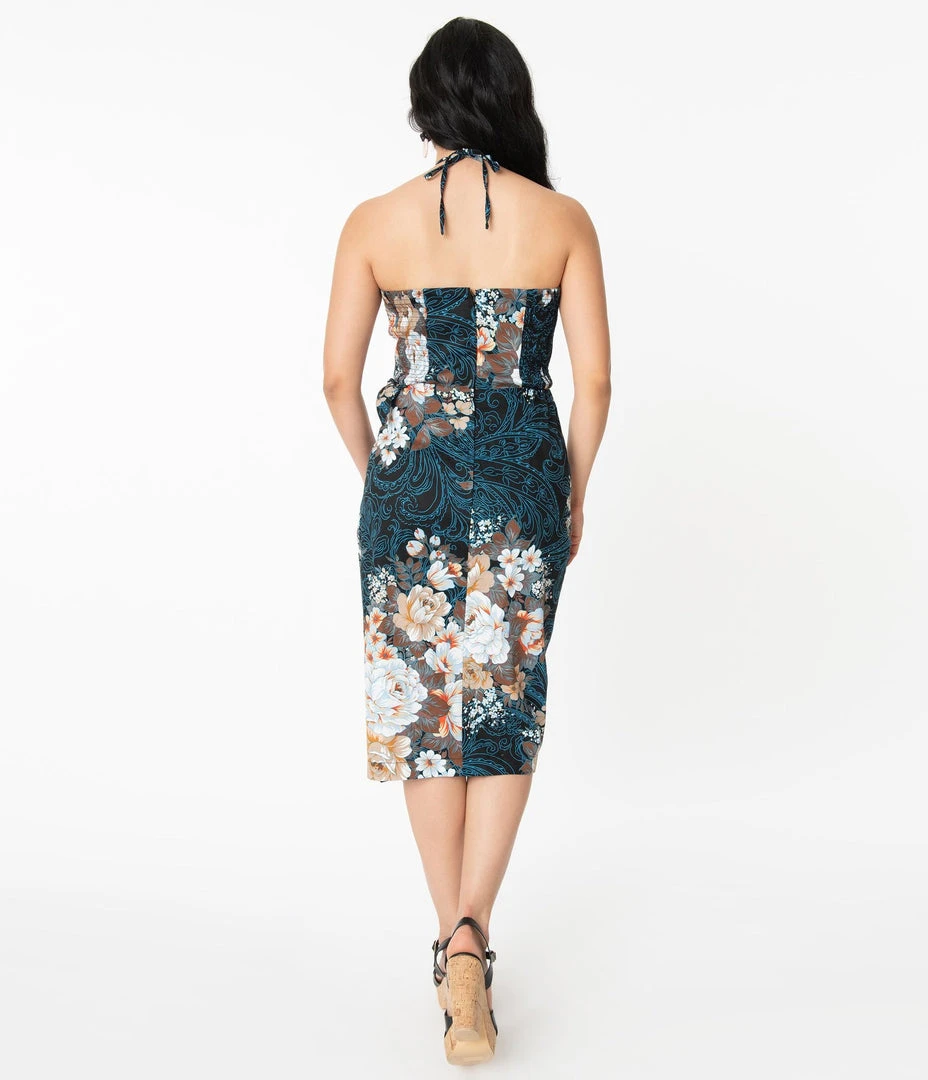 Unique Vintage Navy Floral Sarong Wiggle Dress 4 Unique Vintage Navy Floral Sarong Wiggle Dress