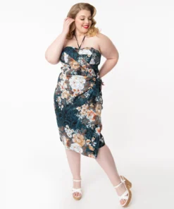 Unique Vintage Navy Floral Sarong Wiggle Dress 9 Unique Vintage Navy Floral Sarong Wiggle Dress