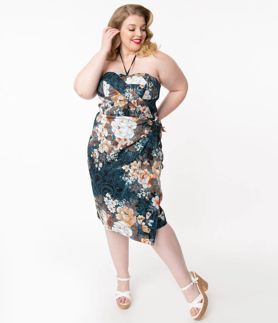 Unique Vintage Navy Floral Sarong Wiggle Dress 6 Unique Vintage Navy Floral Sarong Wiggle Dress