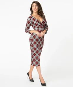 Unique Vintage Lyddie Dress - Red / Grey Plaid