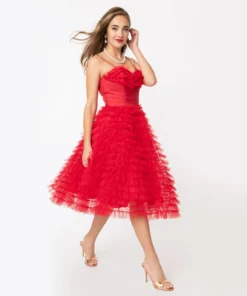 Unique Vintage Cupcake Red Tulle Swing Dress