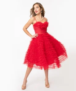 Unique Vintage Cupcake Red Tulle Swing Dress