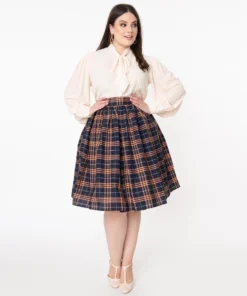 Unique Vintage Plaid Swing Skirt - Navy & Orange
