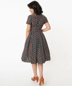 Unique Vintage Springfield Paisley Teal Swing Dress