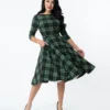 Unique Vintage Devon Swing Dress - Black/Green Plaid