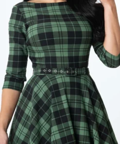 Unique Vintage Devon Swing Dress - Black/Green Plaid