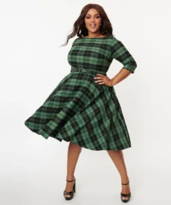 Unique Vintage Devon Swing Dress - Black/Green Plaid