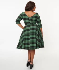 Unique Vintage Devon Swing Dress - Black/Green Plaid