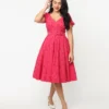 Unique Vintage Doreen Hot Pink & Red Polka Dot Swing Dress