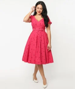 Unique Vintage Doreen Hot Pink & Red Polka Dot Swing Dress