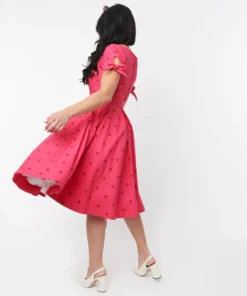 Unique Vintage Doreen Hot Pink & Red Polka Dot Swing Dress