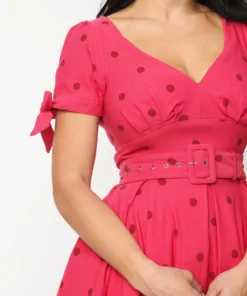 Unique Vintage Doreen Hot Pink & Red Polka Dot Swing Dress
