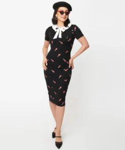 Unique Vintage Renata Black & Pierced Heart Pencil Dress