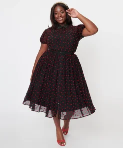 Unique Vintage Hollie Black & Red Hearts Swing Dress