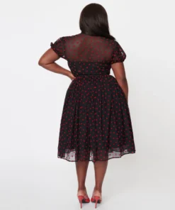 Unique Vintage Hollie Black & Red Hearts Swing Dress