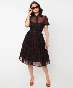 Unique Vintage Hollie Black & Red Hearts Swing Dress