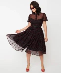 Unique Vintage Hollie Black & Red Hearts Swing Dress