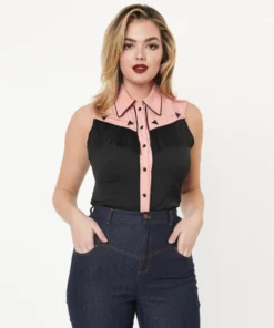 Unique Vintage Western Prairie Girl Blouse - Pink & Black