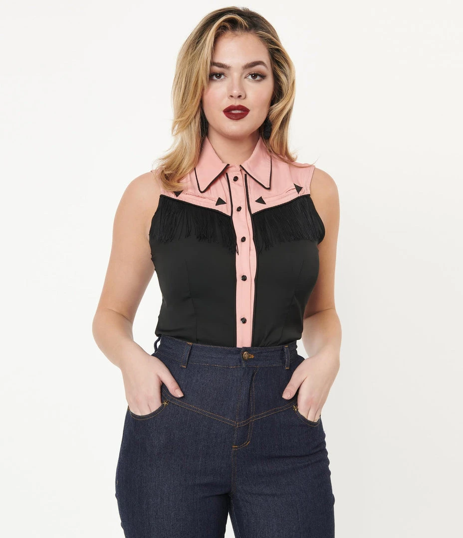 Unique Vintage Western Prairie Girl Blouse - Pink & Black 3 Unique Vintage Western Prairie Girl Blouse - Pink & Black