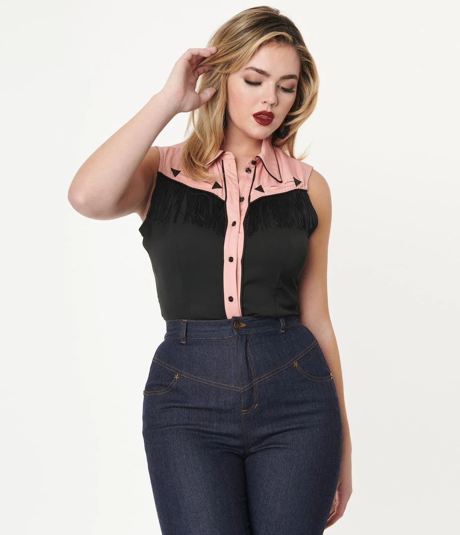 Unique Vintage Western Prairie Girl Blouse - Pink & Black 4 Unique Vintage Western Prairie Girl Blouse - Pink & Black