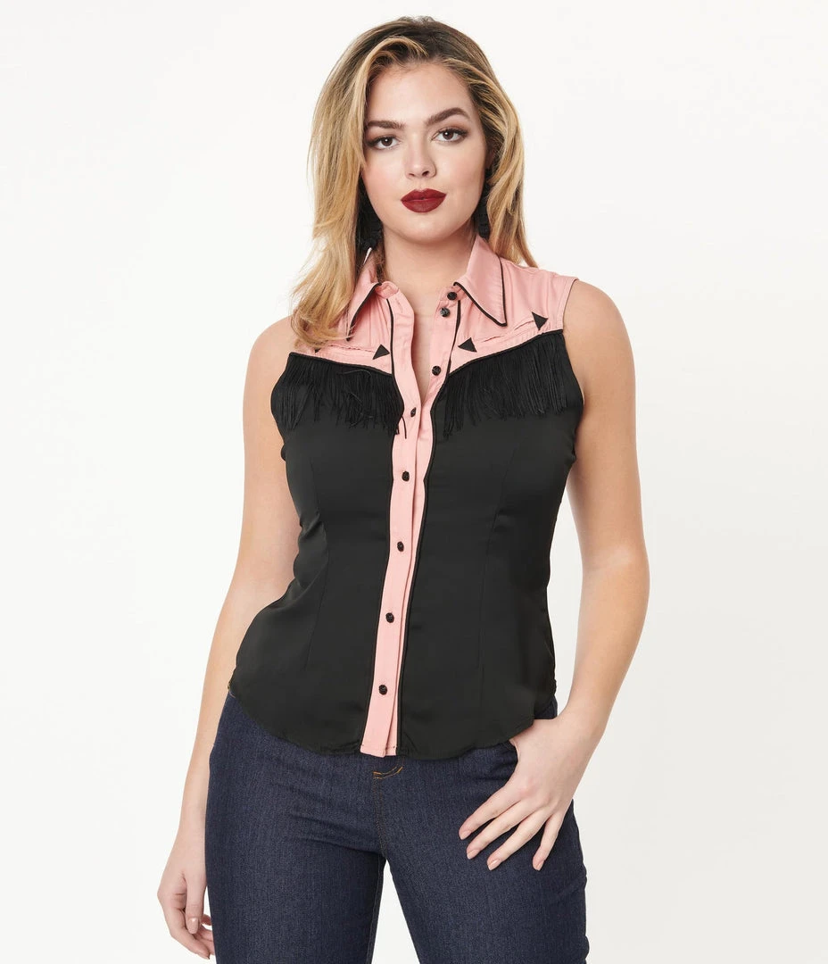 Unique Vintage Western Prairie Girl Blouse - Pink & Black 6 Unique Vintage Western Prairie Girl Blouse - Pink & Black