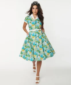 Unique Vintage Alexis Seaside Print Dress