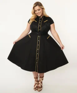 Unique Vintage Madeline Western Swing Dress - Black/Gold