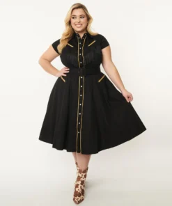 Unique Vintage Madeline Western Swing Dress - Black/Gold