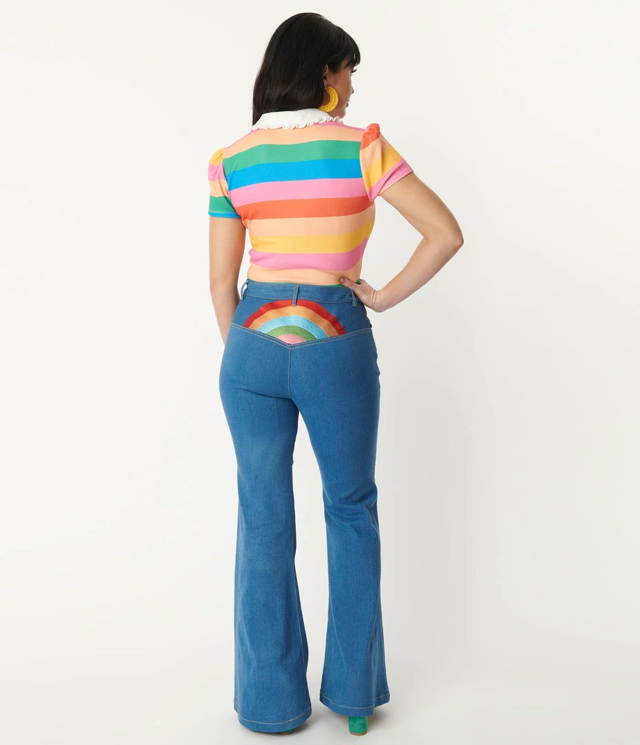 Unique Vintage Rainbow Embroidered Bellbottom Jeans 4 Unique Vintage Rainbow Embroidered Bellbottom Jeans