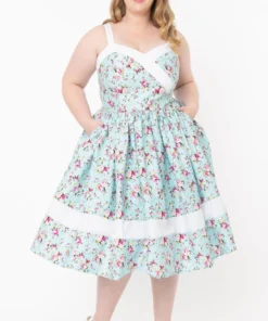 Unique Vintage Darienne Swing Dress - Blue/Pink Floral