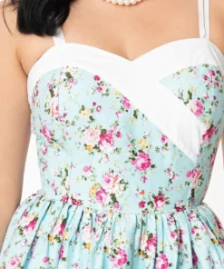 Unique Vintage Darienne Swing Dress - Blue/Pink Floral
