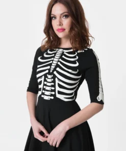 Unique Vintage Black Skeleton Bones Graves Swing Dress