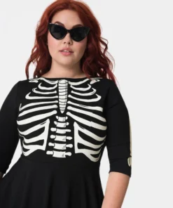 Unique Vintage Black Skeleton Bones Graves Swing Dress
