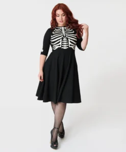 Unique Vintage Black Skeleton Bones Graves Swing Dress