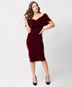 Unique Vintage Sophia Velvet Wiggle Dress - Burgundy 8 Unique Vintage Sophia Velvet Wiggle Dress - Burgundy