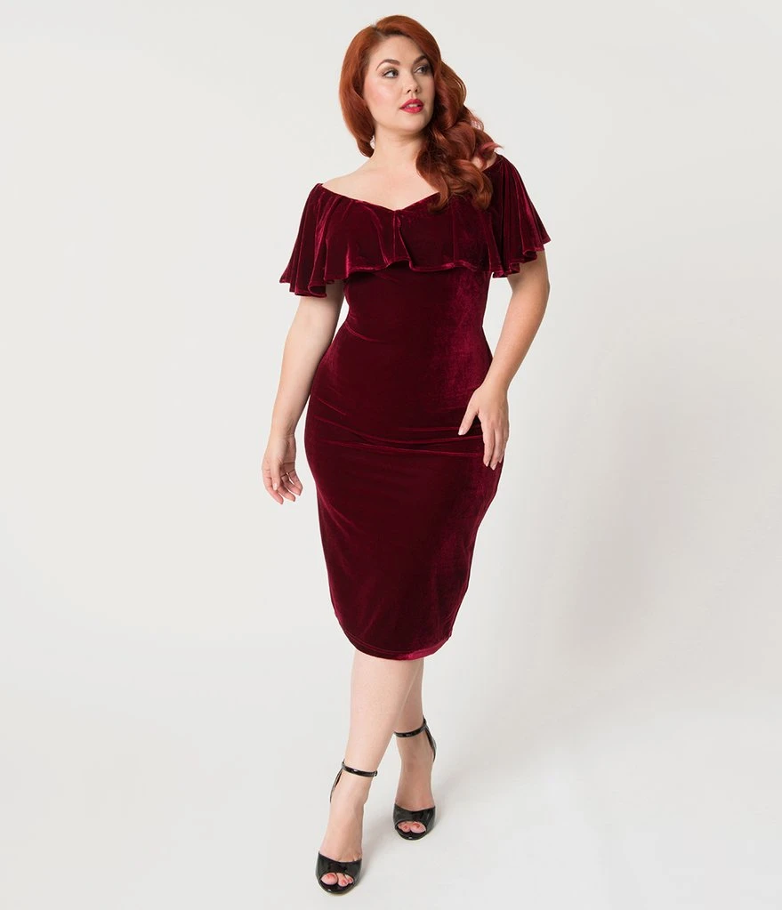 Unique Vintage Sophia Velvet Wiggle Dress - Burgundy 3 Unique Vintage Sophia Velvet Wiggle Dress - Burgundy
