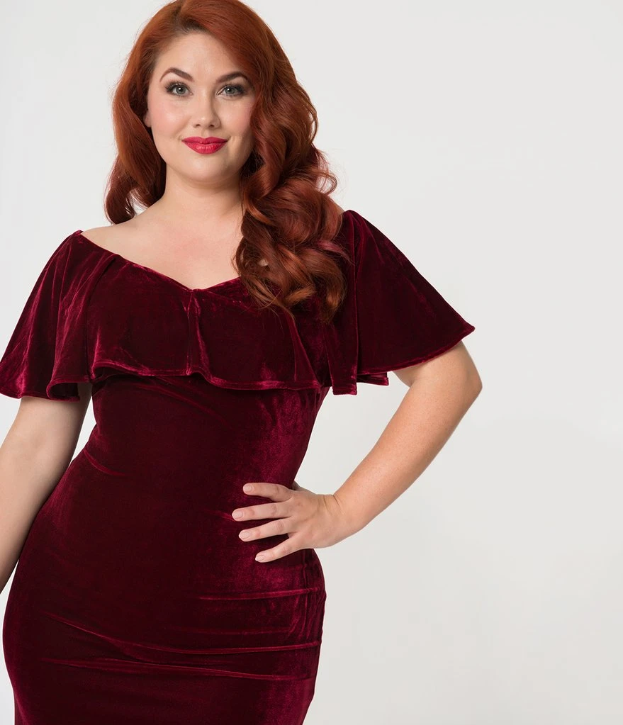 Unique Vintage Sophia Velvet Wiggle Dress - Burgundy 4 Unique Vintage Sophia Velvet Wiggle Dress - Burgundy