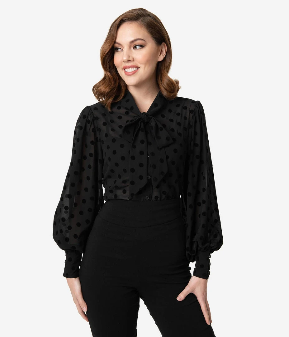 Unique Vintage Gwen Blouse - Black Swiss Dot 9 Unique Vintage Gwen Blouse - Black Swiss Dot