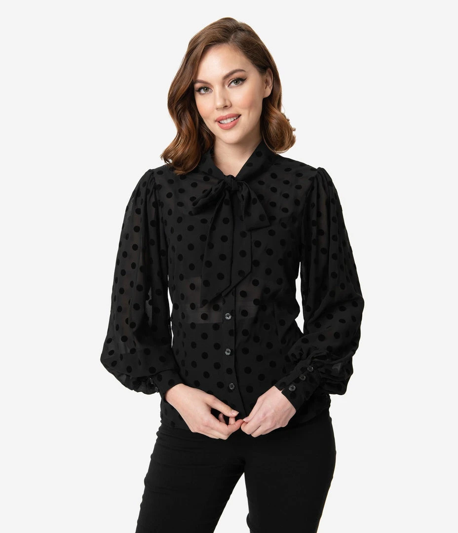 Unique Vintage Gwen Blouse - Black Swiss Dot 7 Unique Vintage Gwen Blouse - Black Swiss Dot